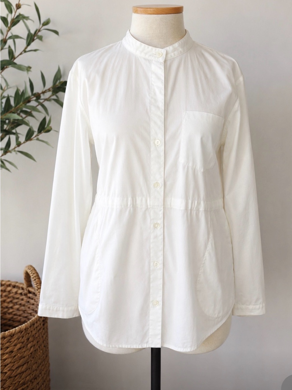 Theory White Drawstring Blouse – Size Large | Modern Minimalist Cotton Shirt